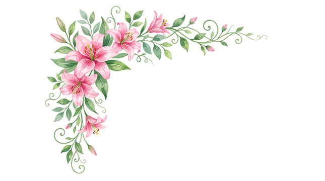 Pink flowers and green leaves form a decorative floral border corner on white background