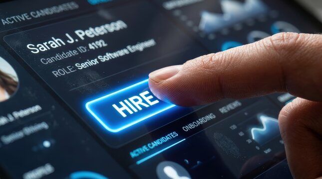 Human resources manager pressing hire button on recruitment software