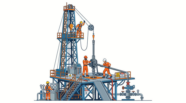 Oil workers operate drilling rig equipment on an industrial site