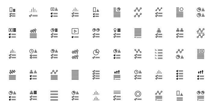 Infographics icon set. Minimal vector collection. Business infographic pack. Featuring data, chart, graph, diagram, timeline, process, report, stats and more. Editable line style.