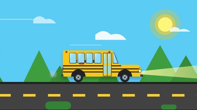 Cute Animated School Bus Flat Design Background Loop Animation
