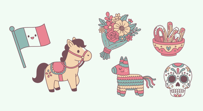 Mexican cultural elements flag horse bouquet pinata skull and snacks