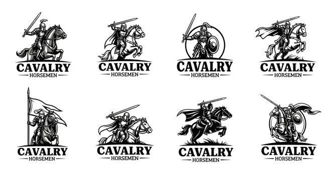Medieval cavalry horsemen logos and emblems set in monochrome style