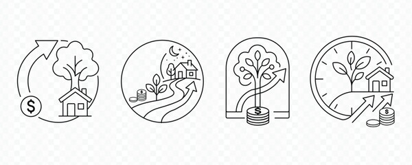 Obraz premium Vector icons illustrating financial growth and sustainable development with trees, houses, and coins in a line art style on a transparent background