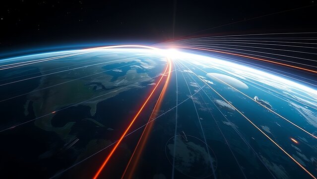 A radiant light ribbon extending from Earth into space, its tension shown through dynamic force lines.