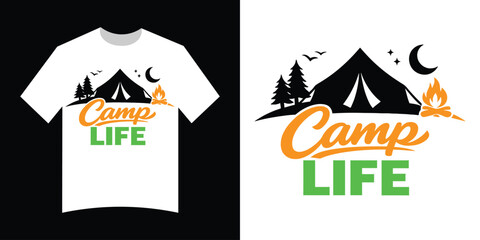Camping t shirt design with tent trees and fire graphic © Anamul Haque  Munna