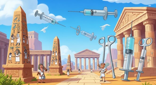 Cartoon depiction of ancient architecture with medical syringes and surgical tools. Figures in tunics are scattered around. Blue sky