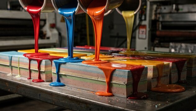 Medium shot of colored rubber compounds being carefully poured into molds for vibrant eraser block vulcanization in an industrial setting.