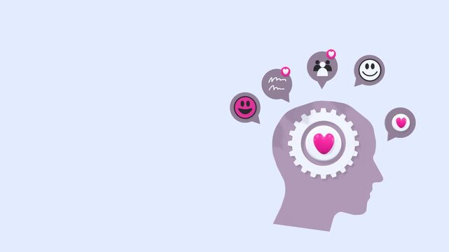 Animated concept illustrating emotional intelligence, emotional balance, self awareness, empathy and communication with copy space. Suitable for psychology, education and personal development themes.