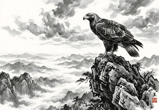 Classical Chinese ink painting, powerful eagle perched on jagged mountain peak surveying vast landscape, detailed feather rendering with expressive brushwork, dramatic cloudy sky.
