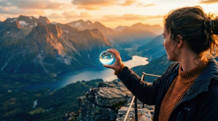 Fototapeta premium Woman holding crystal ball overlooking mountain landscape at sunset.