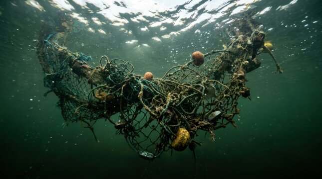 Underwater view of entangled fishing net and marine debris pollution.