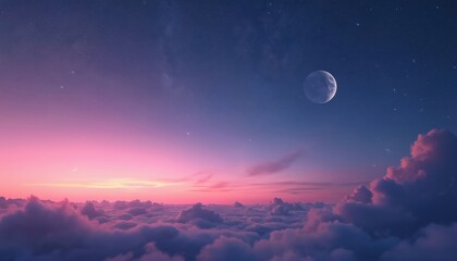 Fototapeta premium Purple pink dawn sky above clouds. Crescent moon visible at sunrise horizon. Stars sparkle in dark galaxy. Distant planet or moon looms in deep twilight.