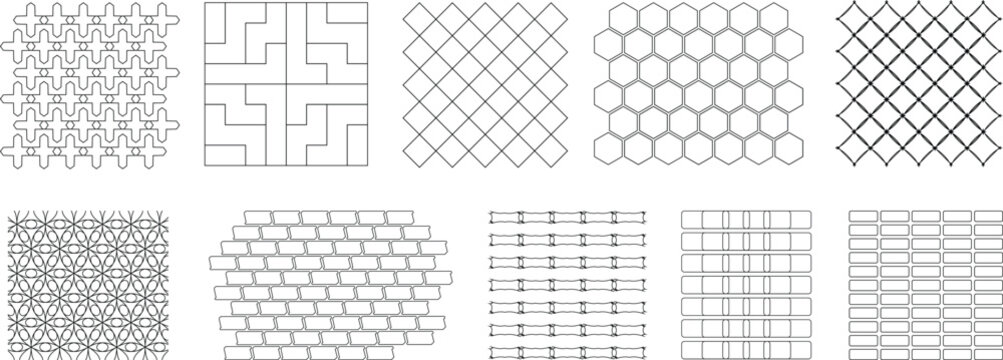 Geometric seamless pattern set. Minimalist architecture CAD hatch and textile pattern vector Textures. Outlines hexagons, grids, crosses, and interlocking tiles. Pavement mosaic, brick, and stone.
