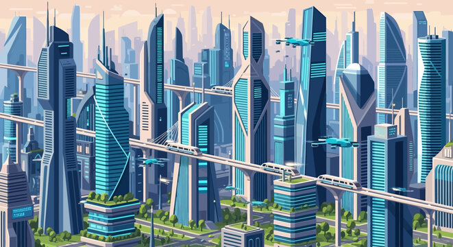 Futuristic skyscraper city with high speed monorails and flying cars