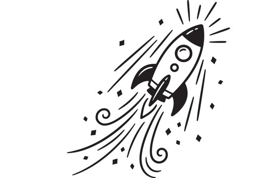 Rocket launch doodle icon with energetic motion lines, spark shapes, and cartoon style for sci fi space startup concept