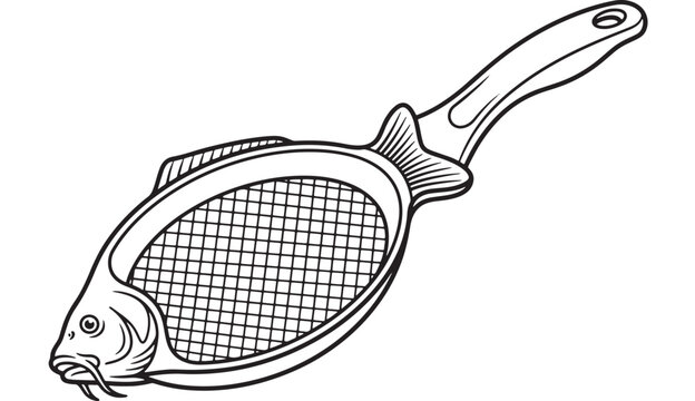 Fishing net illustration with a striped handle and fish figure inside a hand drawn outline featuring fisherman, angling, tackle with angler and bait