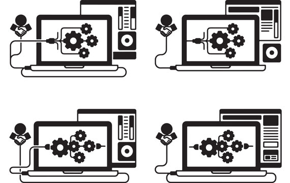 Computer network setup icon set with gear settings, admin figure, server tower, and technology screens in black style