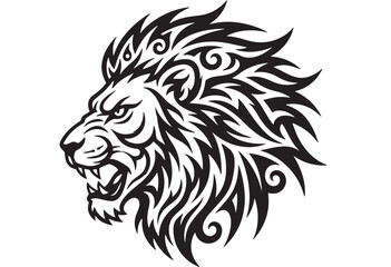 Lion head tattoo design with tribal flames, swirling mane lines, and bold black outline for aggressive pro sports logos © TAIFUR