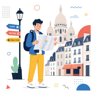 A tourist consults a map while standing in front of historic buildings