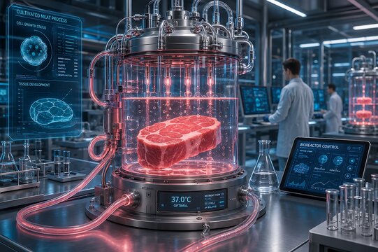 Groundbreaking lab-grown meat production in futuristic biotechnology facility pioneering cellular agriculture for sustainable food solutions and advanced scientific research showcasing innovative culi