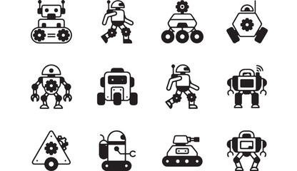 Robot combat icons set with various armored vehicles, weapons, and gear outlines in clean monochrome style © TAIFUR