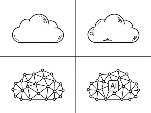 Cloud computing icon with AI network brain graphic and connected nodes for smart technology concept illustration