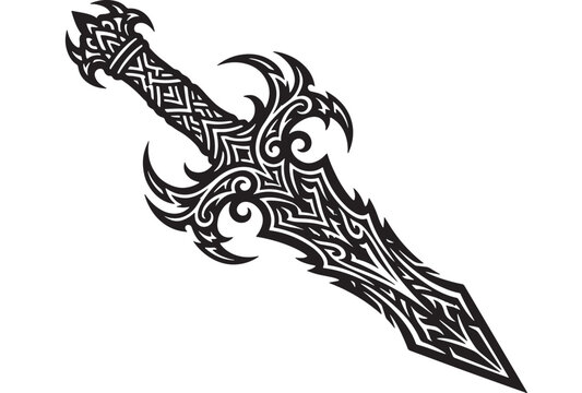 Sword mascot tattoo design with tribal flame patterns and ornate geometric linework for esports gaming branding