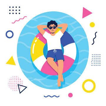 A person relaxes on a colorful inflatable ring in the water