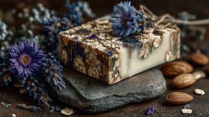 Fototapeta premium Artisanal soap rich in oats and botanicals rests among blossoms and nuts on dark stone, evoking natural skincare, eco luxury, and organic wellness branding.