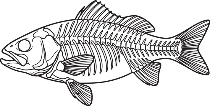 Detailed Fish Skeleton Line Art Illustration - Fish Anatomy and Bone Structure Outline for Coloring and Education