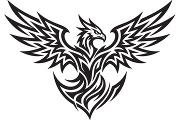 Obraz premium Eagle head tribal tattoo emblem with sharp wings and stylized linework for sports and gaming logos featuring bird, phoenix, hawk with line art and