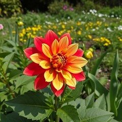 Obraz premium Vibrant Red and Yellow Dahlia Blooming in Sunlit Garden