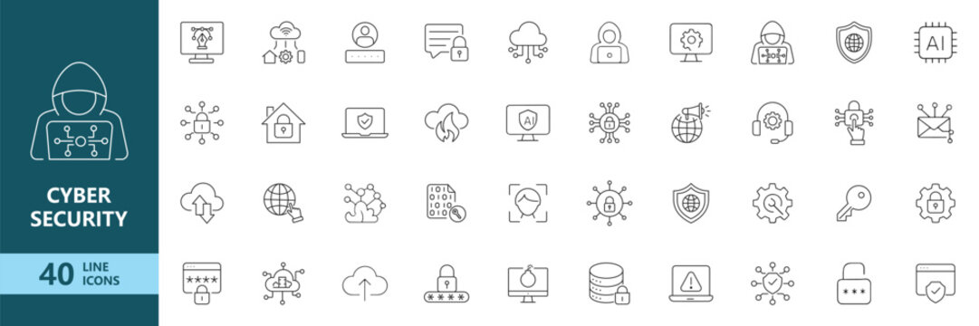 Cyber Security Line Icons Set with Data Protection Network Privacy and Digital Safety Vector Collection