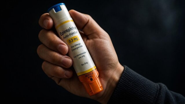 Hand Holding Epinephrine Auto-Injector for Emergency Allergic Reactions and Anaphylaxis