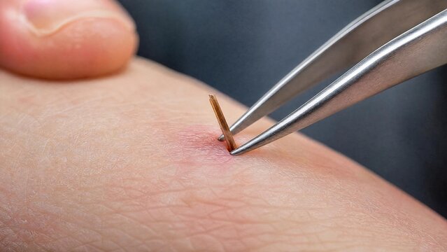 Macro Close Up of Removing a Wooden Splinter from Human Skin with Tweezers