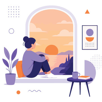 A person gazes at a serene sunset over the water from indoors