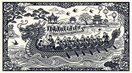 Dragon boat with rowers racing fast. © ayana