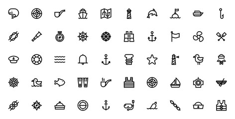Sailing icon set. Vector boat and nautical minimalist icons pack. Featuring whale, ship, lighthouse, anchor, compass, dolphin, radar, map, flag, lifebuoy, helm, sailboat, knot, seagull and more. © wang