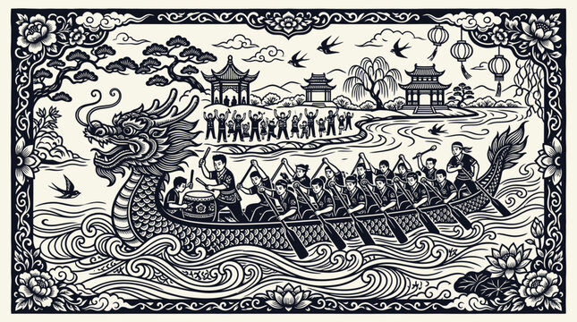 Dragon boat with rowers racing fast.