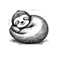 Fototapeta premium Sleeping Sloth Curled Up in Black and White Engraving Style Illustration