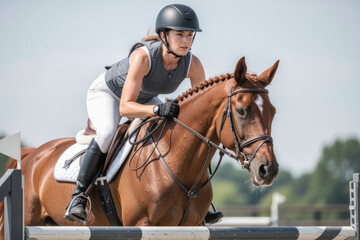 Fototapeta premium Woman riding horse in equestrian training focusing on posture and control
