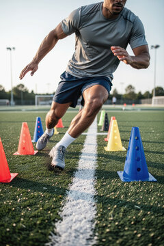 Man sprinting through agility cones on turf during football practice drill