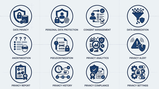 Set of data privacy and cybersecurity icons for digital protection and compliance.