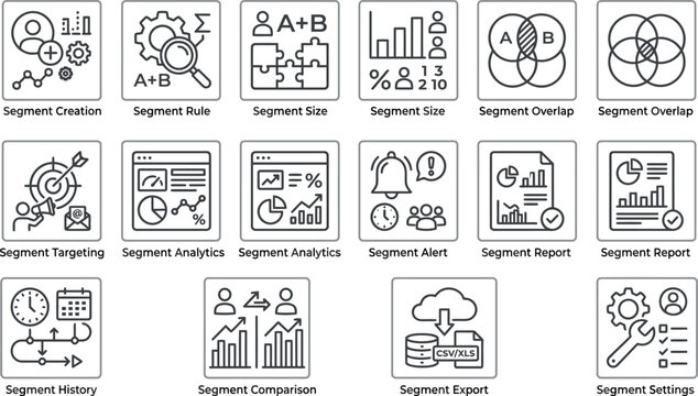 Set of data segmentation and analytics thin line icons.