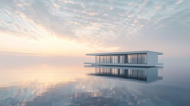 Minimalist modern white floating pavilion on calm water perfectly reflecting soft pastel sunset sky.
