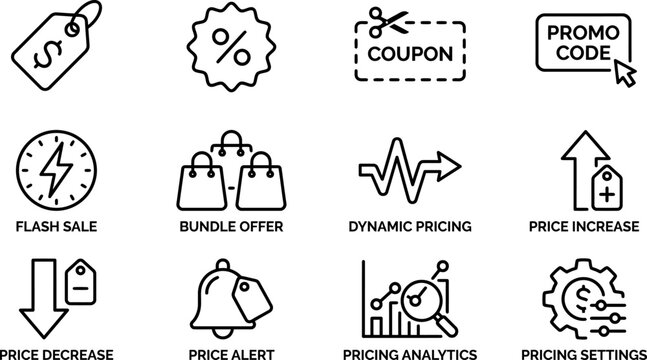 Set of e-commerce pricing and discount line icons.