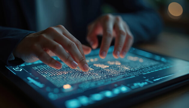 Person uses haptic touchscreen tablet with braille interface. Fingers interact with futuristic technology for reading information. Accessible digital device for visually impaired.