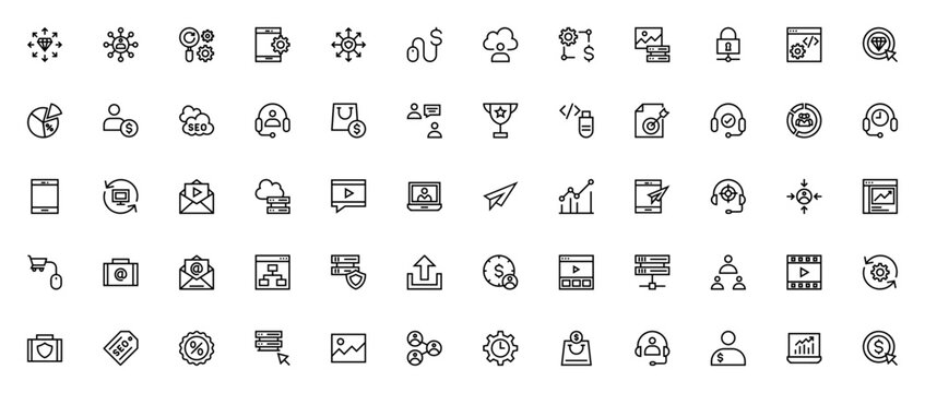 SEO & Marketing icon set. Minimal vector line pack. Includes symbols for quality, network, settings, security, cloud, payment, browser, user, chat, trophy, file, email, server, team, laptop, and more.