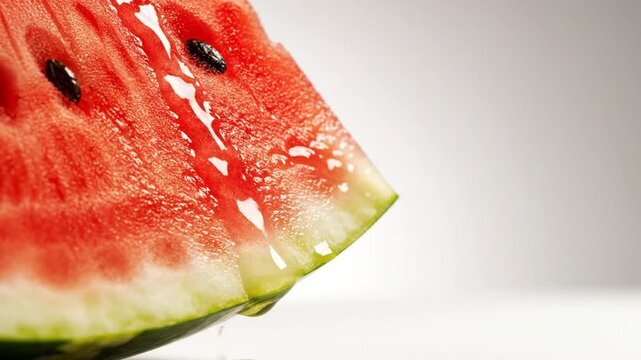 Macro shot of a juicy watermelon slice with seeds and water droplets, refreshing summer fruit